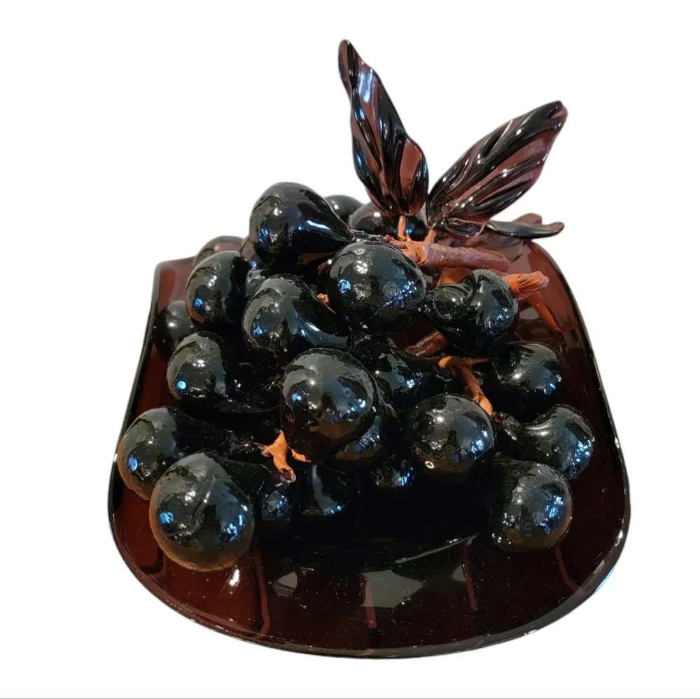 Amethyst Hand‎ Blown Glass Bowl with Amethyst Glass Grape Clusters MCM